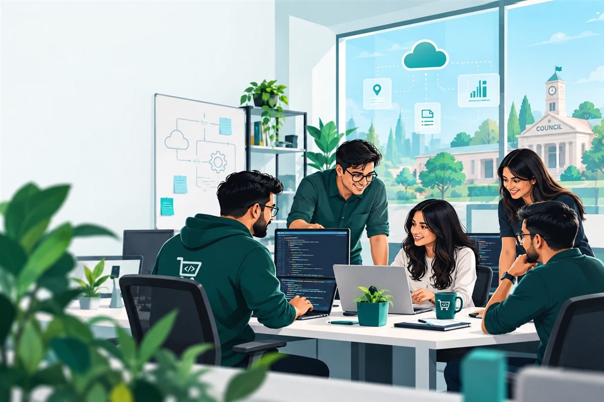 Illustration of the Codemines team working together on cloud software for local councils